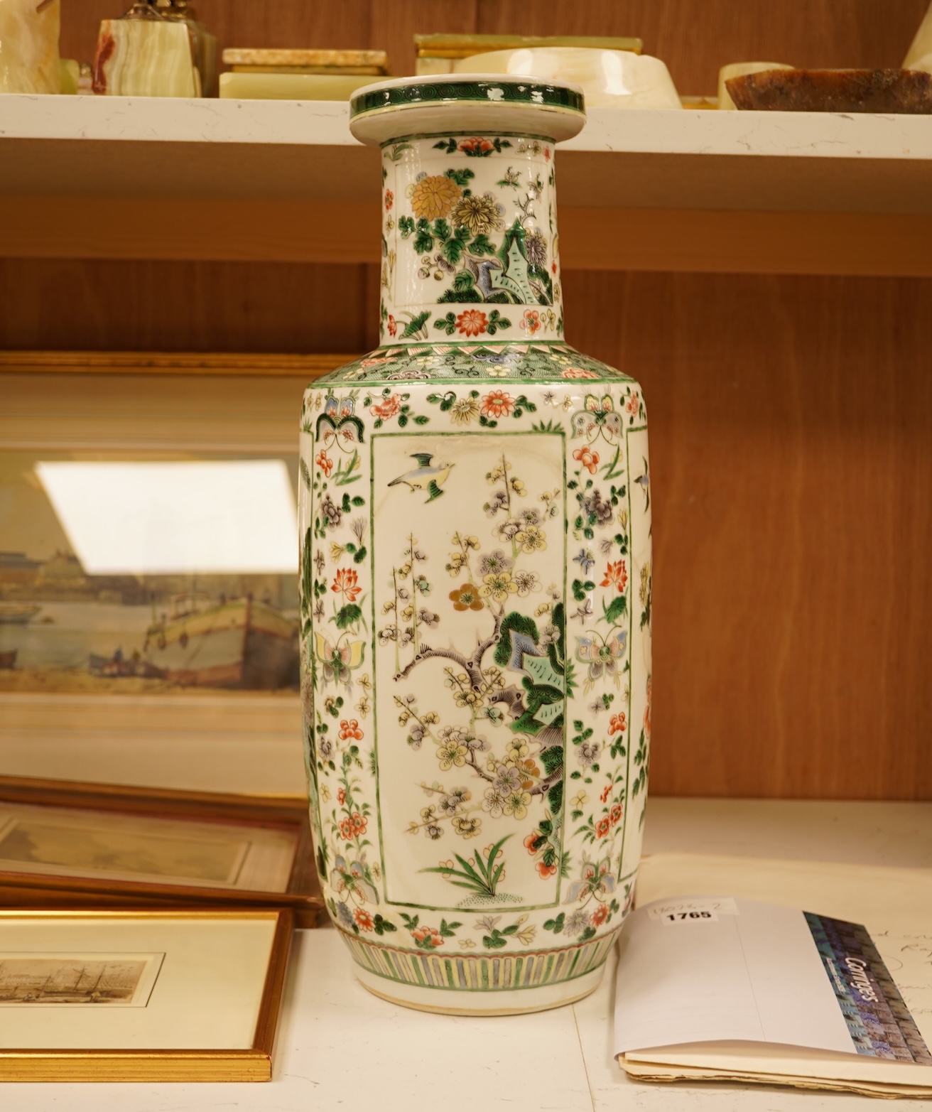 A Chinese famille verte rouleau vase, 19th century, 46cm
